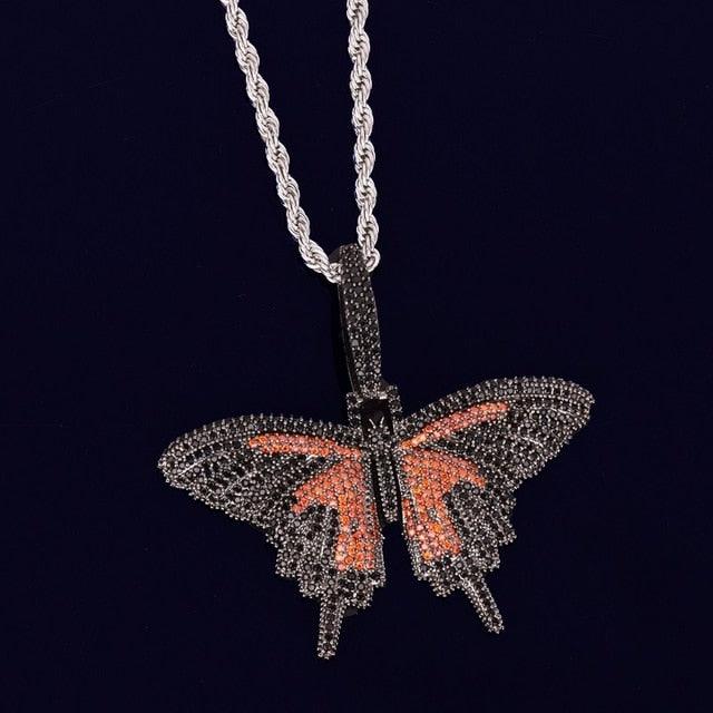 Great Butterfly Pendant Necklace Charm - 4mmTennis Chain & Cuban Chain Gold Color Cubic Zircon Jewelry (5JW)(F81)