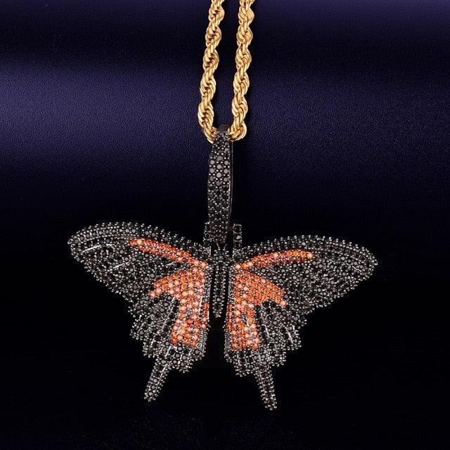 Great Butterfly Pendant Necklace Charm - 4mmTennis Chain & Cuban Chain Gold Color Cubic Zircon Jewelry (5JW)(F81)