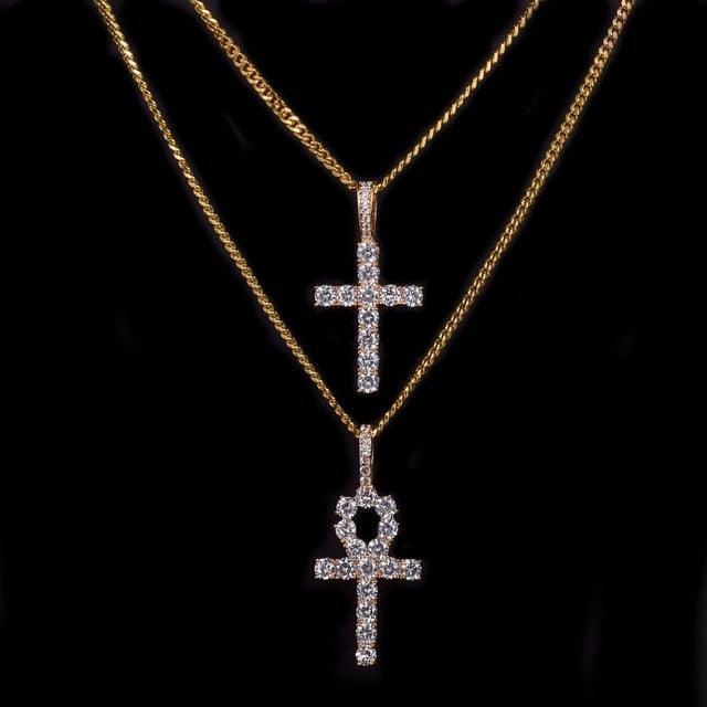 Cross Necklace Set - Gold Color Copper Material Bling CZ Key Jewelry (2U83)