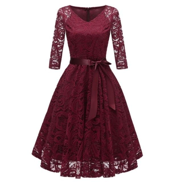 Gorgeous Women Dress - Sexy Elegant Hollow Out Solid Party Dresses - Female Vintage A-Line Ball Gown Lace Dress (BWM)(WSO3)(F30)