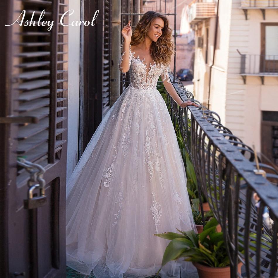 Great A-Line Wedding Dress -Illusion Long Sleeve Lace Sexy Sweetheart - Princess Bride Gowns (WSO1)(F18)
