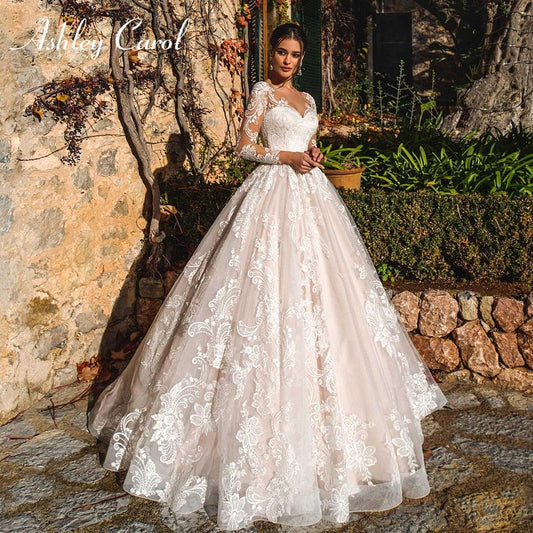 Long Sleeve Wedding Dresses - A-Line Romantic Tulle Button Princess Bridal Gown (WSO1)