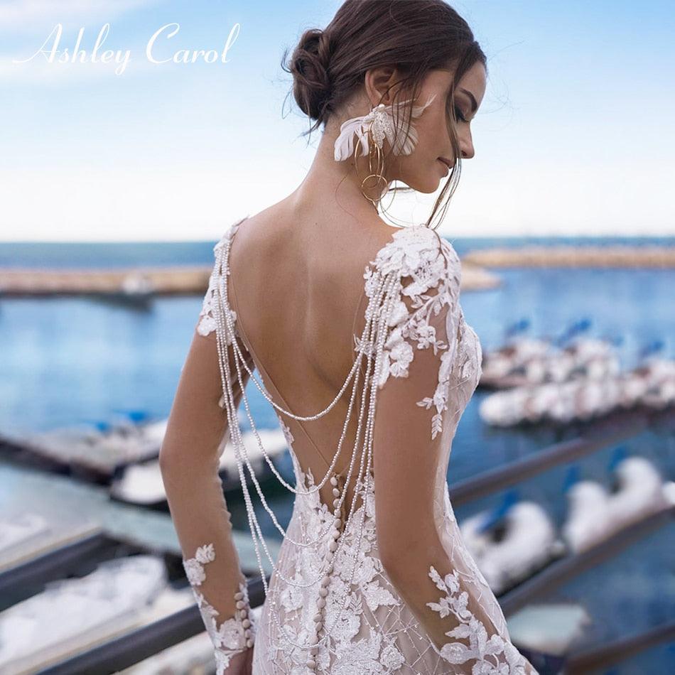 Super Gorgeous Sexy Backless Lace Mermaid Wedding Dress - Long Sleeve Beaded - V-neckline Bride Dress - Wedding Gowns (WSO1)