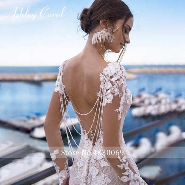 Super Gorgeous Sexy Backless Lace Mermaid Wedding Dress - Long Sleeve Beaded - V-neckline Bride Dress - Wedding Gowns (WSO1)
