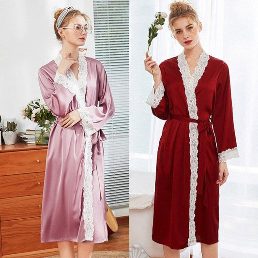 Women's Autumn Spring Silk Long Thin Nightgown - Casual Home Wear Clothes Bathrobe (3U90)