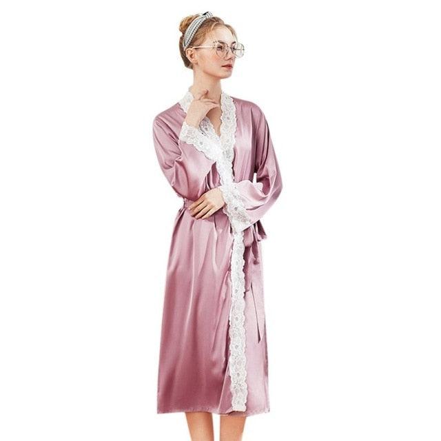 Women's Autumn Spring Silk Long Thin Nightgown - Casual Home Wear Clothes Bathrobe (3U90)