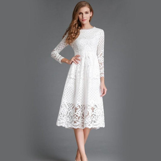 Beautiful Autumn Summer Dress - Women New Sexy Elegant Long White Lace Dress - Slim Solid Hollow Out - A Line Party Dresses (BWM)(WS06)
