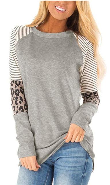 Cute Top Women Long Sleeve T Shirt - Striped Tops - Leopard Fashion Loose Top Lady T-shirt 2XL (3U19)(3U23)