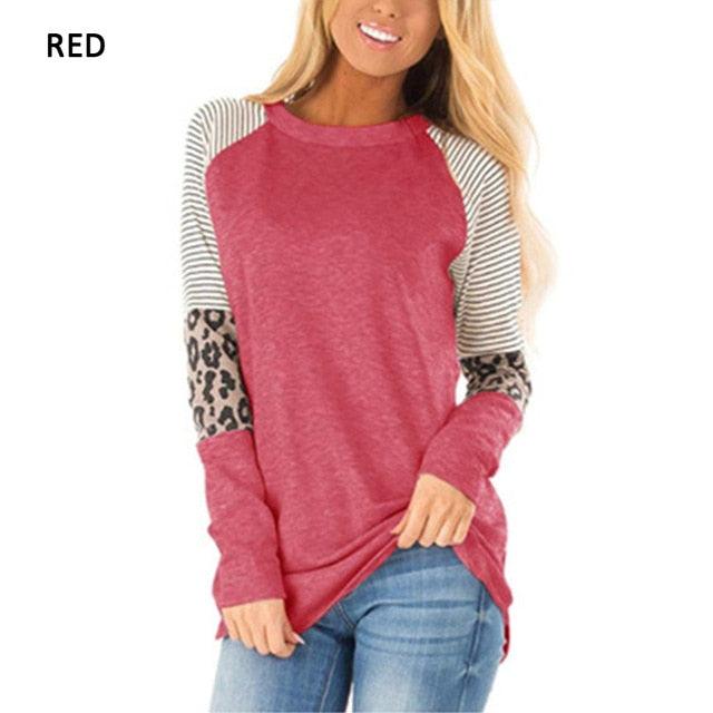 Cute Top Women Long Sleeve T Shirt - Striped Tops - Leopard Fashion Loose Top Lady T-shirt 2XL (3U19)(3U23)