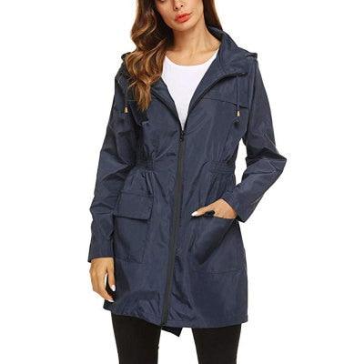 Waterproof Hooded Women Long Trench Coat - Classic Zippers Pockets Jacket - Business Casual Outerwear (3U23)(3U20)