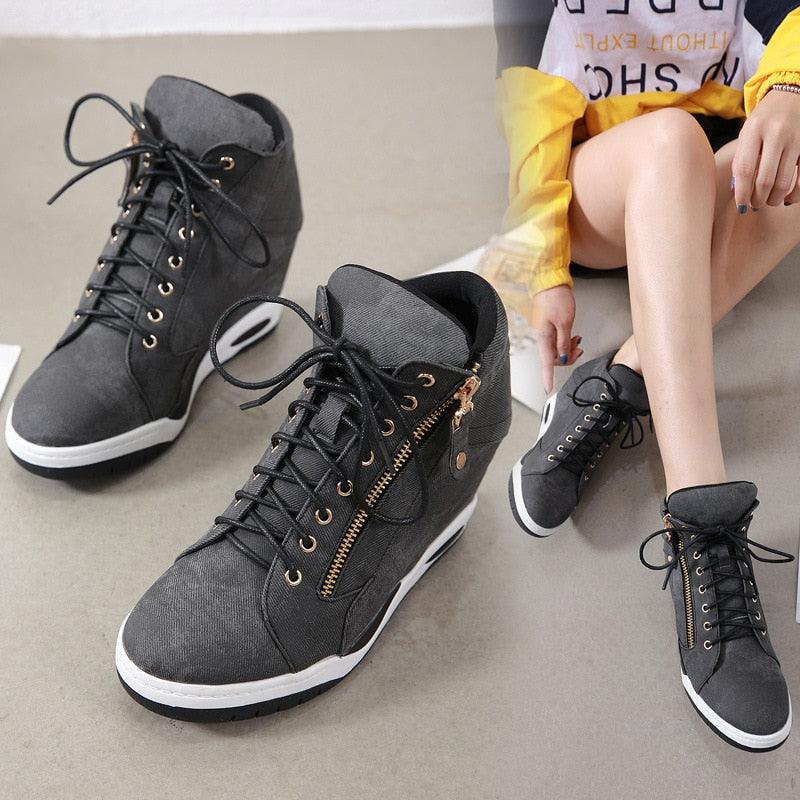 Great Canvas Ankle Boots - Women Wedge Boots - Platform Shoes Lace Up (BWS7)(BB1)(WO4)