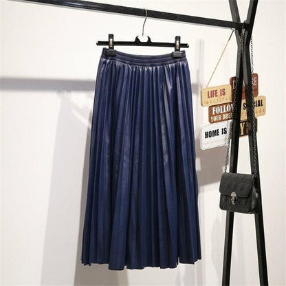 Autumn Winter Women High Waist A Line Skirt - Casual Solid Midi Skirt - Elegant PU Leather Pleated Skirts (3U22)(3U20)