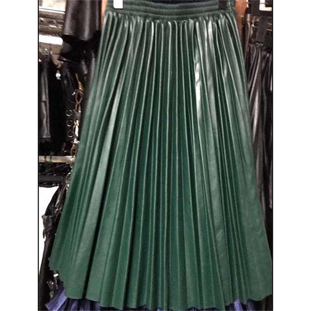 Autumn Winter Women High Waist A Line Skirt - Casual Solid Midi Skirt - Elegant PU Leather Pleated Skirts (3U22)(3U20)