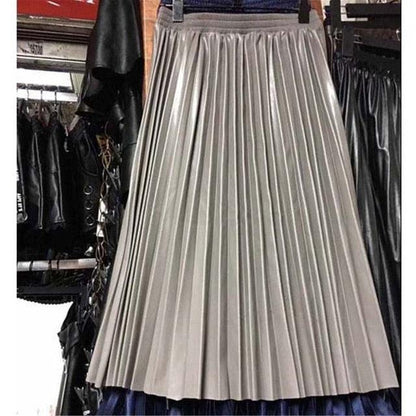 Autumn Winter Women High Waist A Line Skirt - Casual Solid Midi Skirt - Elegant PU Leather Pleated Skirts (3U22)(3U20)