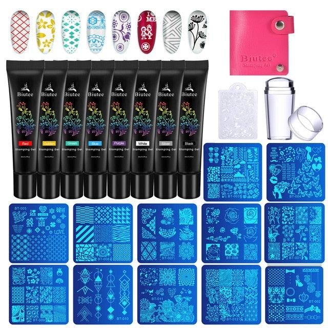 30PC/Kit Nail Stamping Plates Kit with Printing Nail Stamping Gel Polish Varnish Polish Nail Kit Nail Art Manicure 8Color (N2)(1U85)