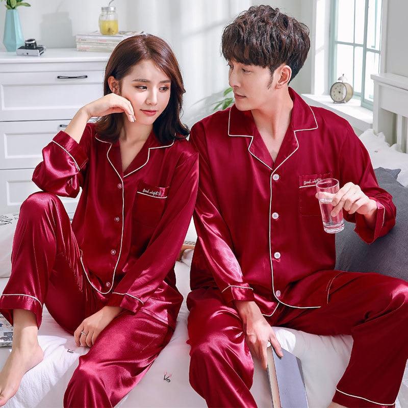 Couple Pajama Set Silk Satin Long Sleeve Sleepwear Suit Lover