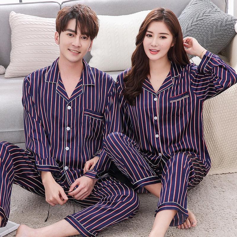 New Couple Pajama Sets - Silk Satin Striped Sleepwear - Lover Man & Woman Pajamas (ZP3)