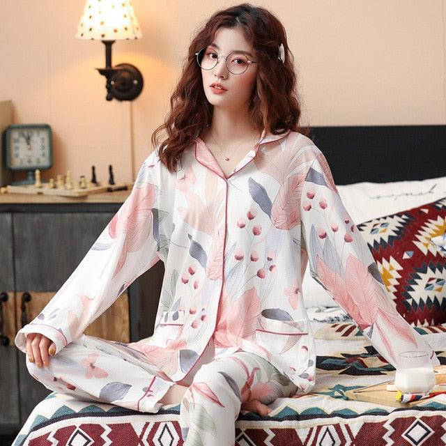 New Autumn Winter Sleepwear 2 Piece Sets - Women's Cotton Pajamas Turn-down Collar Set (ZP1)