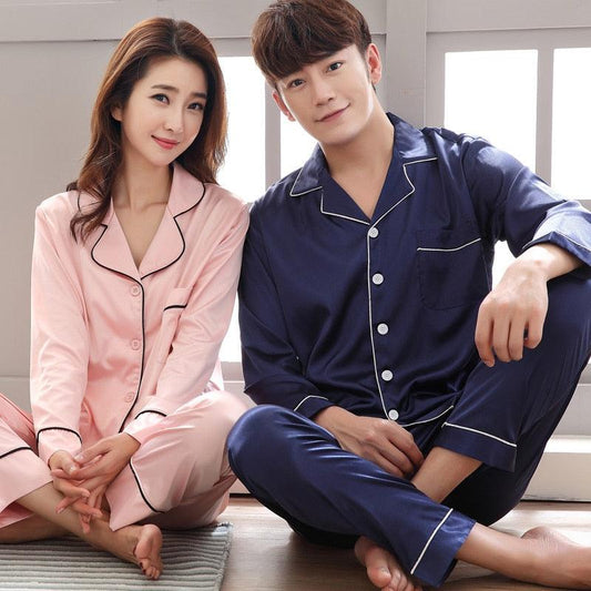 Silk Satin Pajama Set - Couples Long Sleeve Male & Women Sleepwear - Trending Pajamas Set (D90)(ZP3)