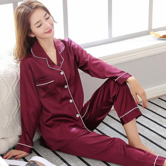 Silk Satin Pajama Set - Couples Long Sleeve Male & Women Sleepwear - Trending Pajamas Set (D90)(ZP3)