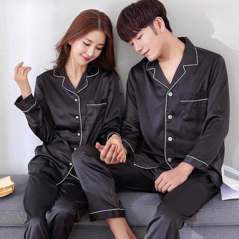 Silk Satin Pajama Set - Couples Long Sleeve Male & Women Sleepwear - Trending Pajamas Set (D90)(ZP3)