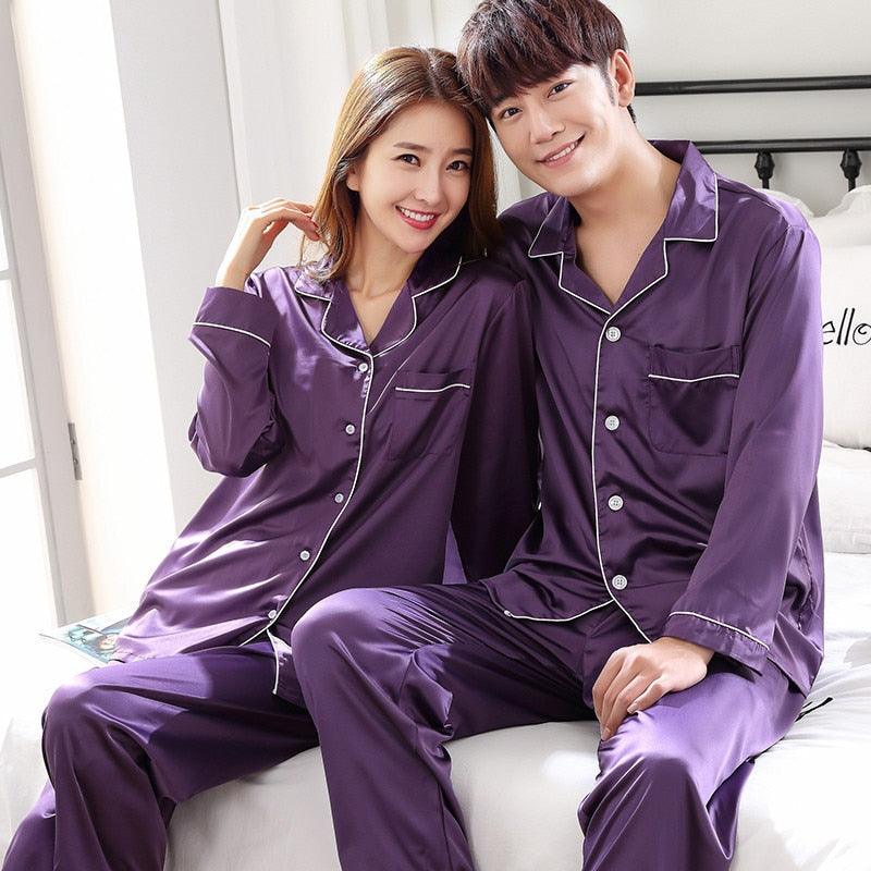 Silk Satin Pajama Set - Couples Long Sleeve Male & Women Sleepwear - Trending Pajamas Set (D90)(ZP3)