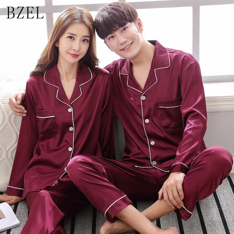 Silk Satin Pajama Set - Couples Long Sleeve Male & Women Sleepwear - Trending Pajamas Set (D90)(ZP3)