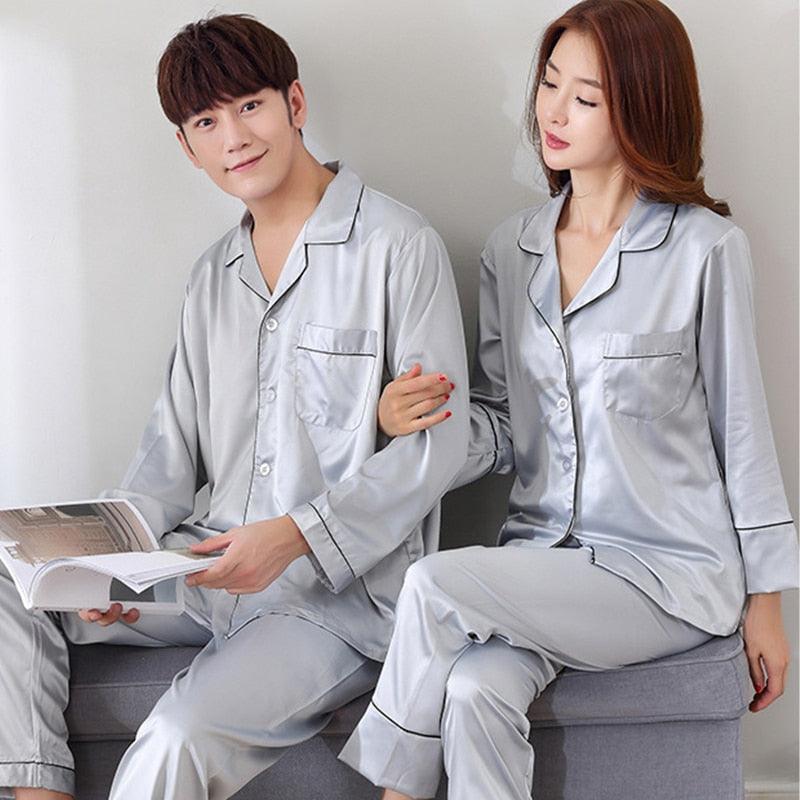 Silk Satin Pajama Set - Couples Long Sleeve Male & Women Sleepwear - Trending Pajamas Set (D90)(ZP3)