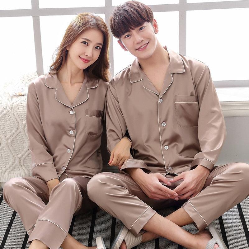 Silk Satin Pajama Set - Couples Long Sleeve Male & Women Sleepwear - Trending Pajamas Set (D90)(ZP3)