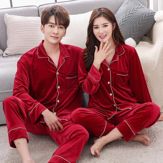 Cute Velvet Couple Pajamas Set - Turn Down Collar Long Sleeve Sleepwear - Leisure Pajama Clothes (ZP3)(F90)
