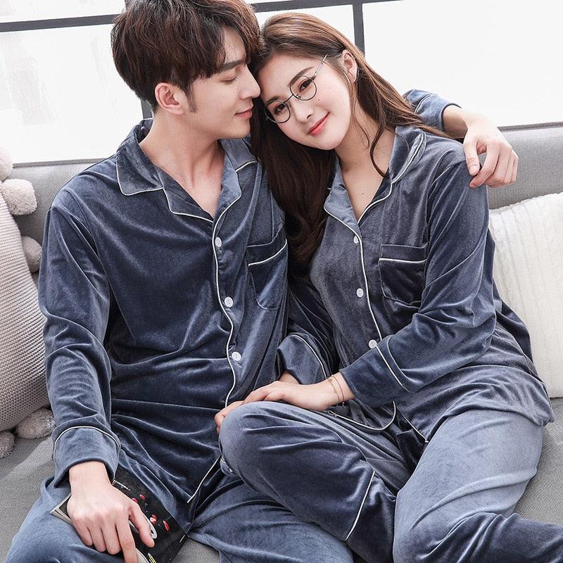 Cute Velvet Couple Pajamas Set - Turn Down Collar Long Sleeve Sleepwear - Leisure Pajama Clothes (ZP3)(F90)