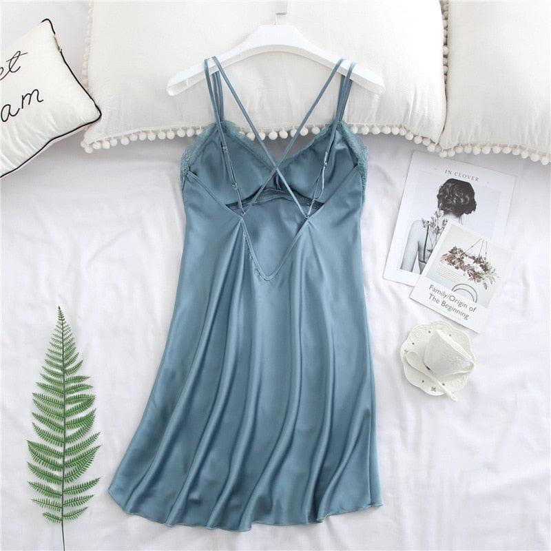 Sexy Women Silk Nightgown - Sleepwear Sleep Dress - V Neck Sling Solid Night Dress - Summer Lingerie (ZP2)