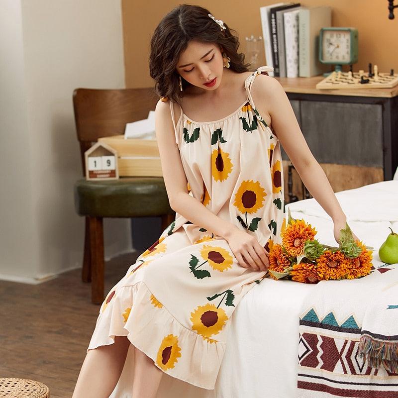 Women's Cotton Floral Print Night Dress - Sleeveless Ruffled Summer Sleepwear - Female Big Size (ZP2)(F90)