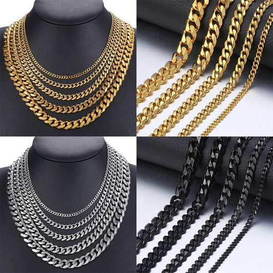 Basic 3/5/7/9/11mm Miami Curb Chain Necklace -Anti Allergy Stainless Steel Classic Jewelry (2U183)