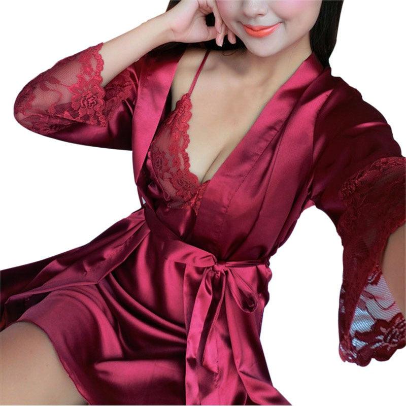 Women's Evening Sexy Lingerie - Lace Sheer Long Night Dress - Sleepwear Robe (3U29)