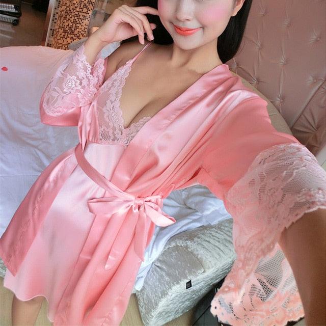 Women's Evening Sexy Lingerie - Lace Sheer Long Night Dress - Sleepwear Robe (3U29)