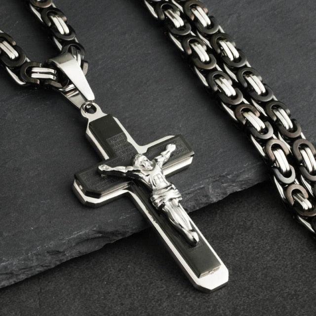 Bible Silver Color Jesus Cross Stainless Steel Pendants Necklaces - Long Chain Necklace (MJ2)(F83)
