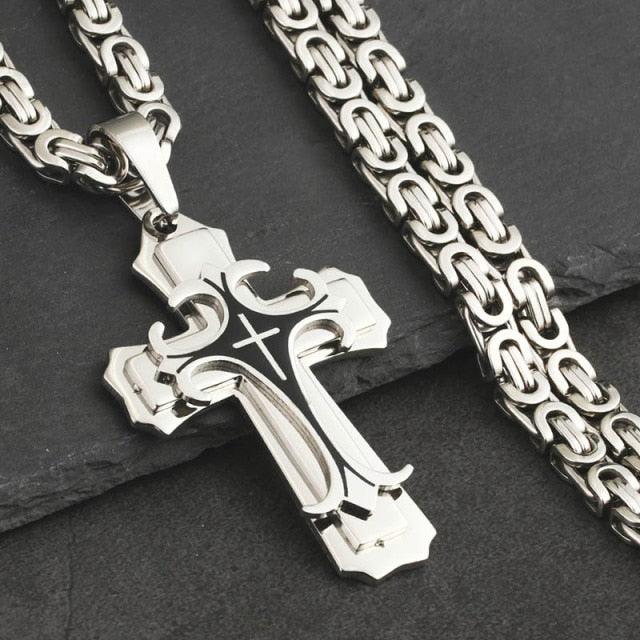 Bible Silver Color Jesus Cross Stainless Steel Pendants Necklaces - Long Chain Necklace (MJ2)(F83)
