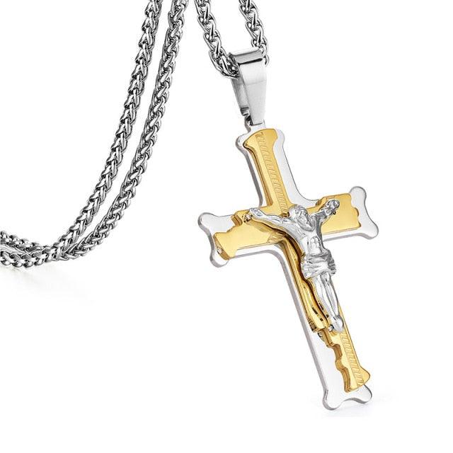 Bible Silver Color Jesus Cross Stainless Steel Pendants Necklaces - Long Chain Necklace (MJ2)(F83)
