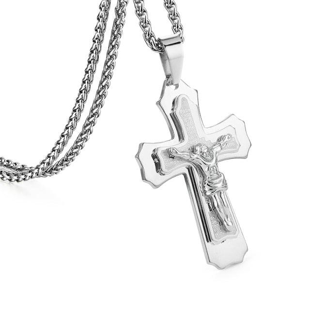 Bible Silver Color Jesus Cross Stainless Steel Pendants Necklaces - Long Chain Necklace (MJ2)(F83)