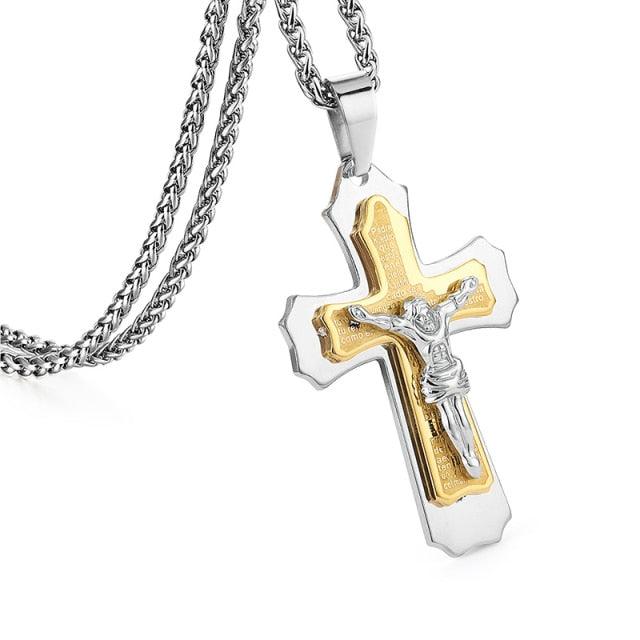 Bible Silver Color Jesus Cross Stainless Steel Pendants Necklaces - Long Chain Necklace (MJ2)(F83)