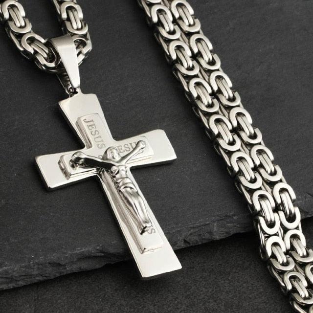 Bible Silver Color Jesus Cross Stainless Steel Pendants Necklaces - Long Chain Necklace (MJ2)(F83)