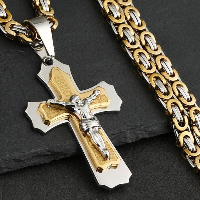 Bible Silver Color Jesus Cross Stainless Steel Pendants Necklaces - Long Chain Necklace (MJ2)(F83)