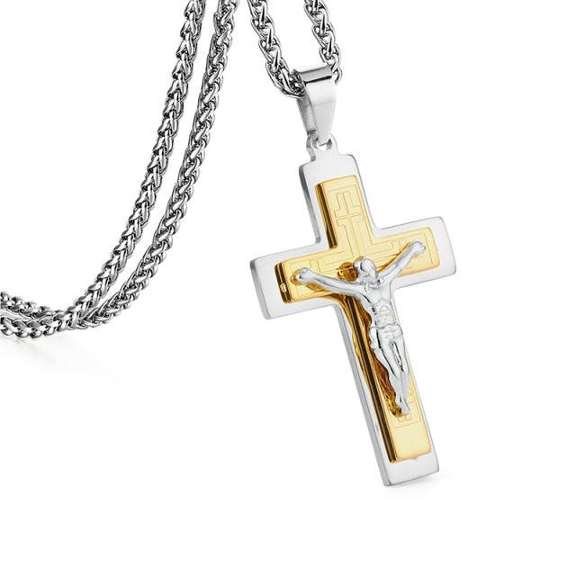Bible Silver Color Jesus Cross Stainless Steel Pendants Necklaces - Long Chain Necklace (MJ2)(F83)