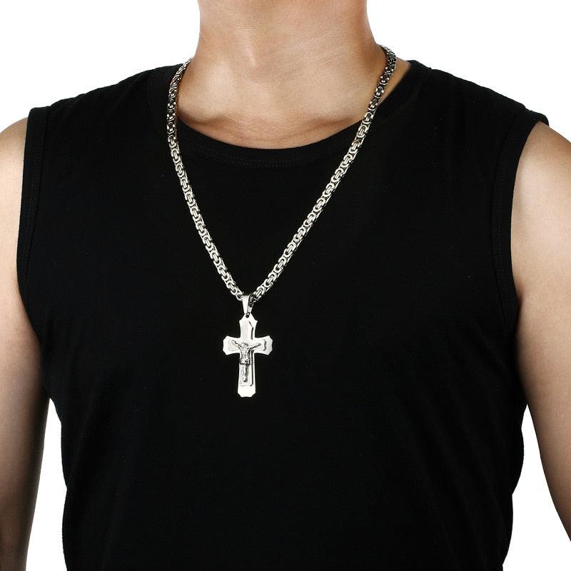 Bible Silver Color Jesus Cross Stainless Steel Pendants Necklaces - Long Chain Necklace (MJ2)(F83)