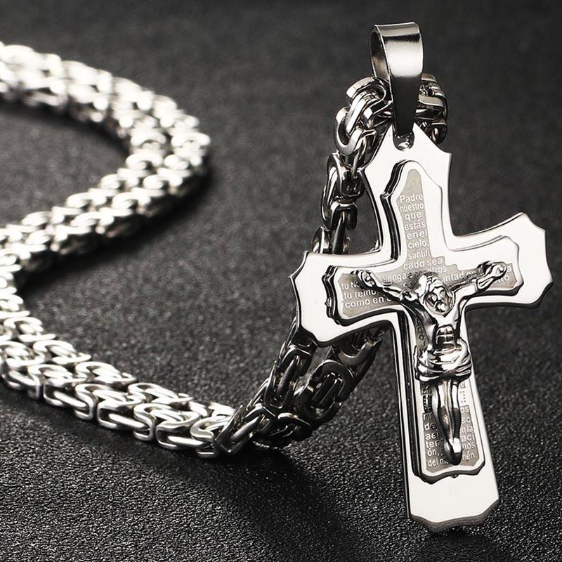 Bible Silver Color Jesus Cross Stainless Steel Pendants Necklaces - Long Chain Necklace (MJ2)(F83)