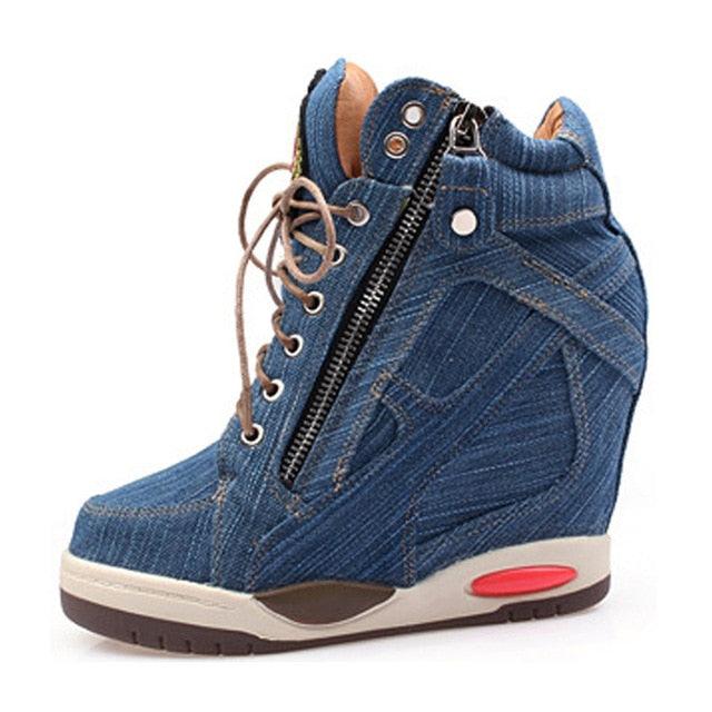 Big Size Women Denim Wedges Sneakers - Autumn Platform Casual Shoes - Side Zipper (BWS7)(WO4)(CD)(BB1)(F41)(F42)