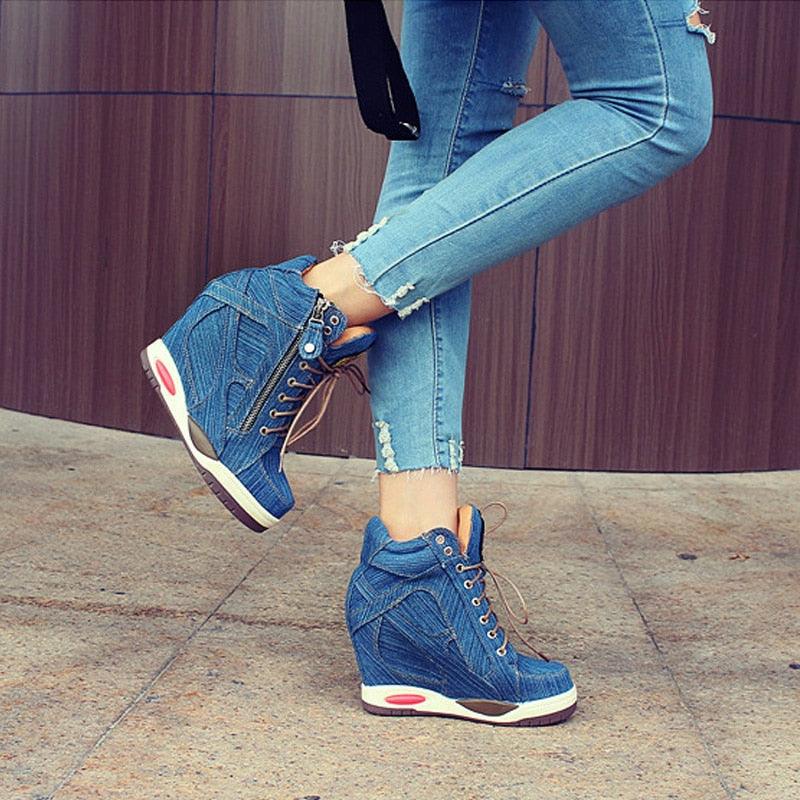 Big Size Women Denim Wedges Sneakers - Autumn Platform Casual Shoes - Side Zipper (BWS7)(WO4)(CD)(BB1)(F41)(F42)