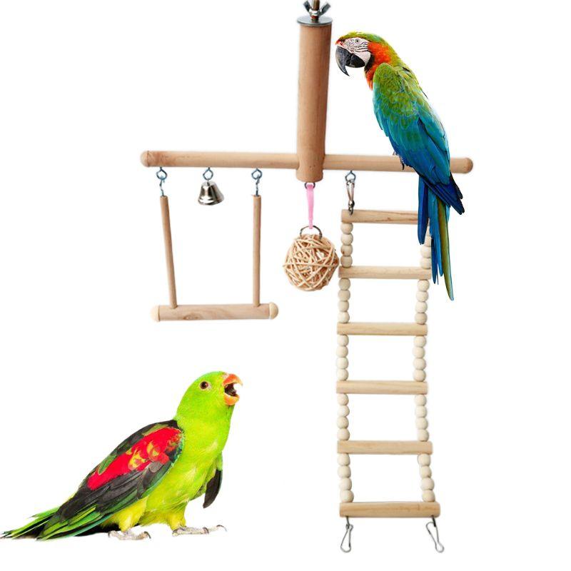 Bird Cage Stand Play Gym Conure Perch Playground Climbing Ladder Swing Rattan Ball Chew Toys (8W4)(7W4)1