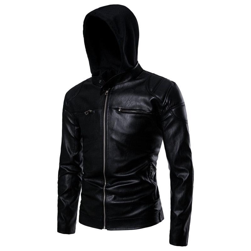 Black Hooded Leather Jacket - Men Fake Two Pieces Zipper Male Leather Jackets And Coat (D100)(TM3)